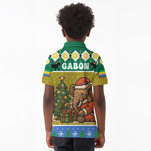Gabon Christmas Kid Polo Shirt Pixel Art Elephant Santa Christmas Tree and Flag - African Pride