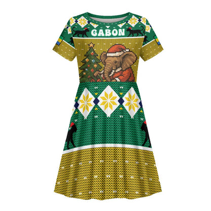 Gabon Christmas Kid Short Sleeve Dress Pixel Art Elephant Santa Christmas Tree and Flag - African Pride