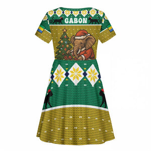 Gabon Christmas Kid Short Sleeve Dress Pixel Art Elephant Santa Christmas Tree and Flag - African Pride