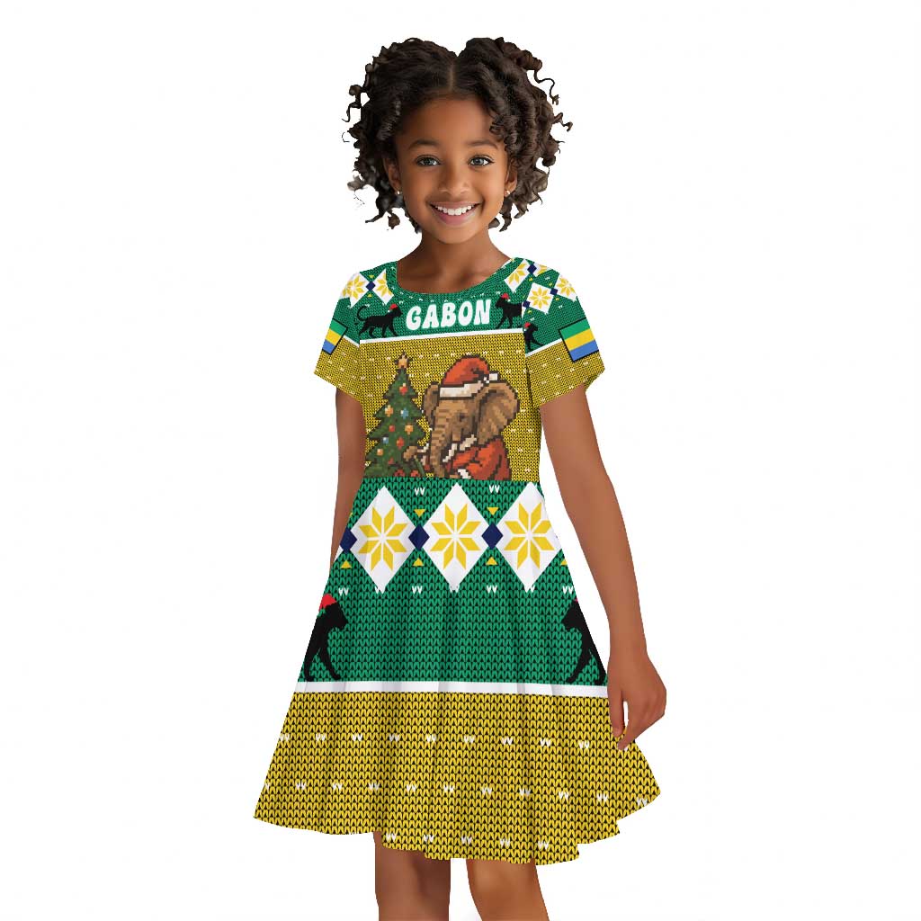 Gabon Christmas Kid Short Sleeve Dress Pixel Art Elephant Santa Christmas Tree and Flag - African Pride