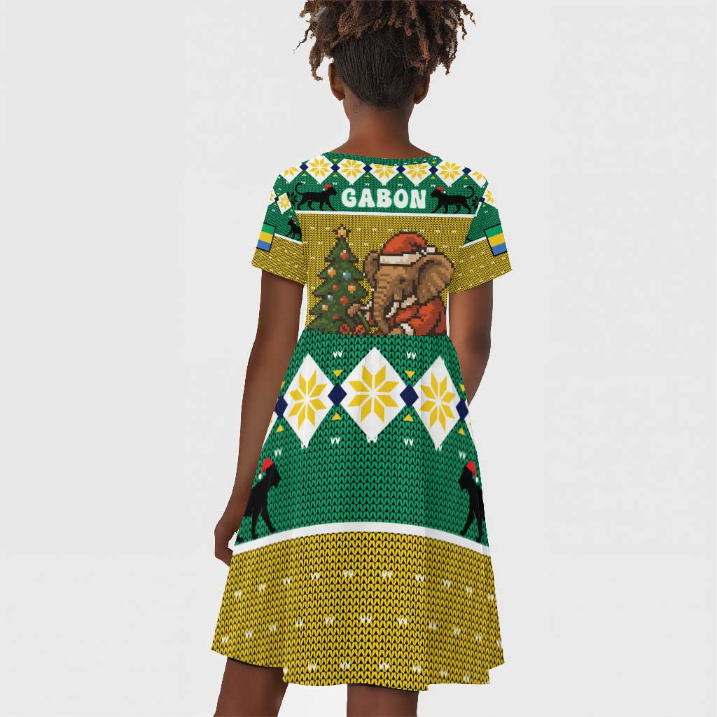 Gabon Christmas Kid Short Sleeve Dress Pixel Art Elephant Santa Christmas Tree and Flag - African Pride