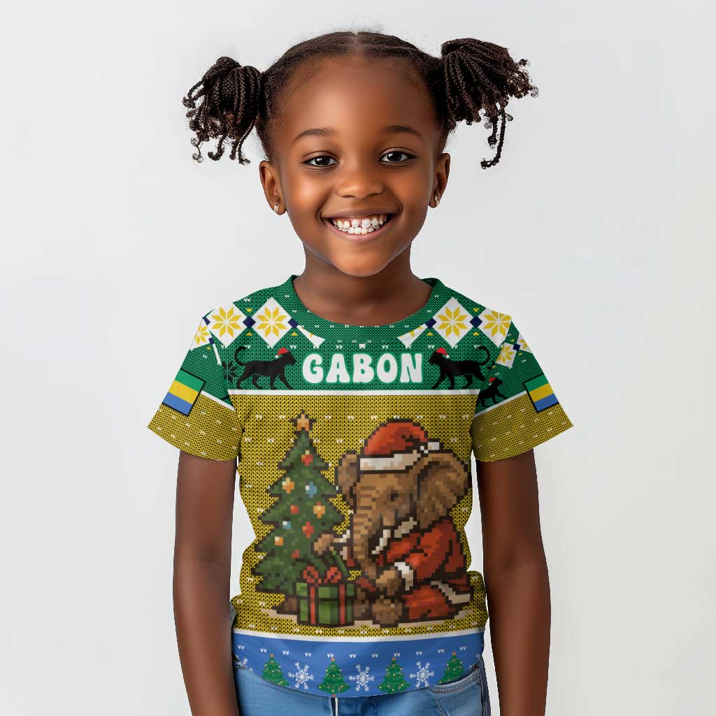 Gabon Christmas Kid T shirt Pixel Art Elephant Santa Christmas Tree and Flag - African Pride
