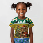 Gabon Christmas Kid T shirt Pixel Art Elephant Santa Christmas Tree and Flag - African Pride