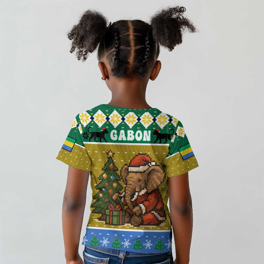 Gabon Christmas Kid T shirt Pixel Art Elephant Santa Christmas Tree and Flag - African Pride