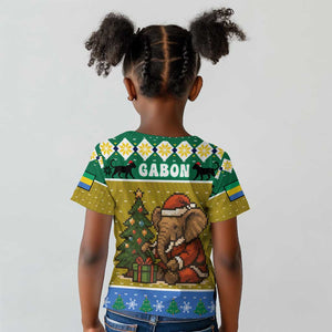 Gabon Christmas Kid T shirt Pixel Art Elephant Santa Christmas Tree and Flag - African Pride