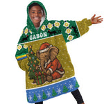 Gabon Christmas Kid Wearable Blanket Hoodie Pixel Art Elephant Santa Christmas Tree and Flag - African Pride