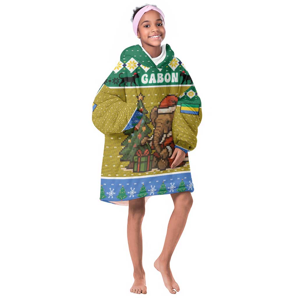 Gabon Christmas Kid Wearable Blanket Hoodie Pixel Art Elephant Santa Christmas Tree and Flag - African Pride