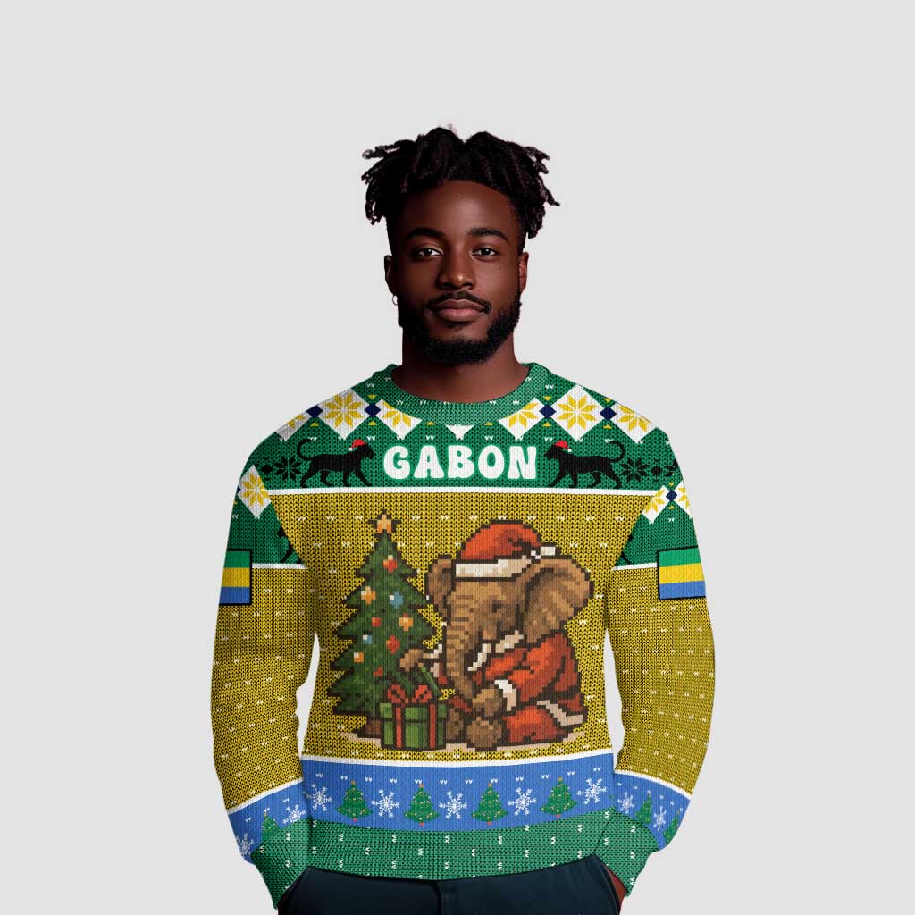 Gabon Christmas Ugly Christmas Sweater Pixel Art Elephant Santa Christmas Tree and Flag - African Pride