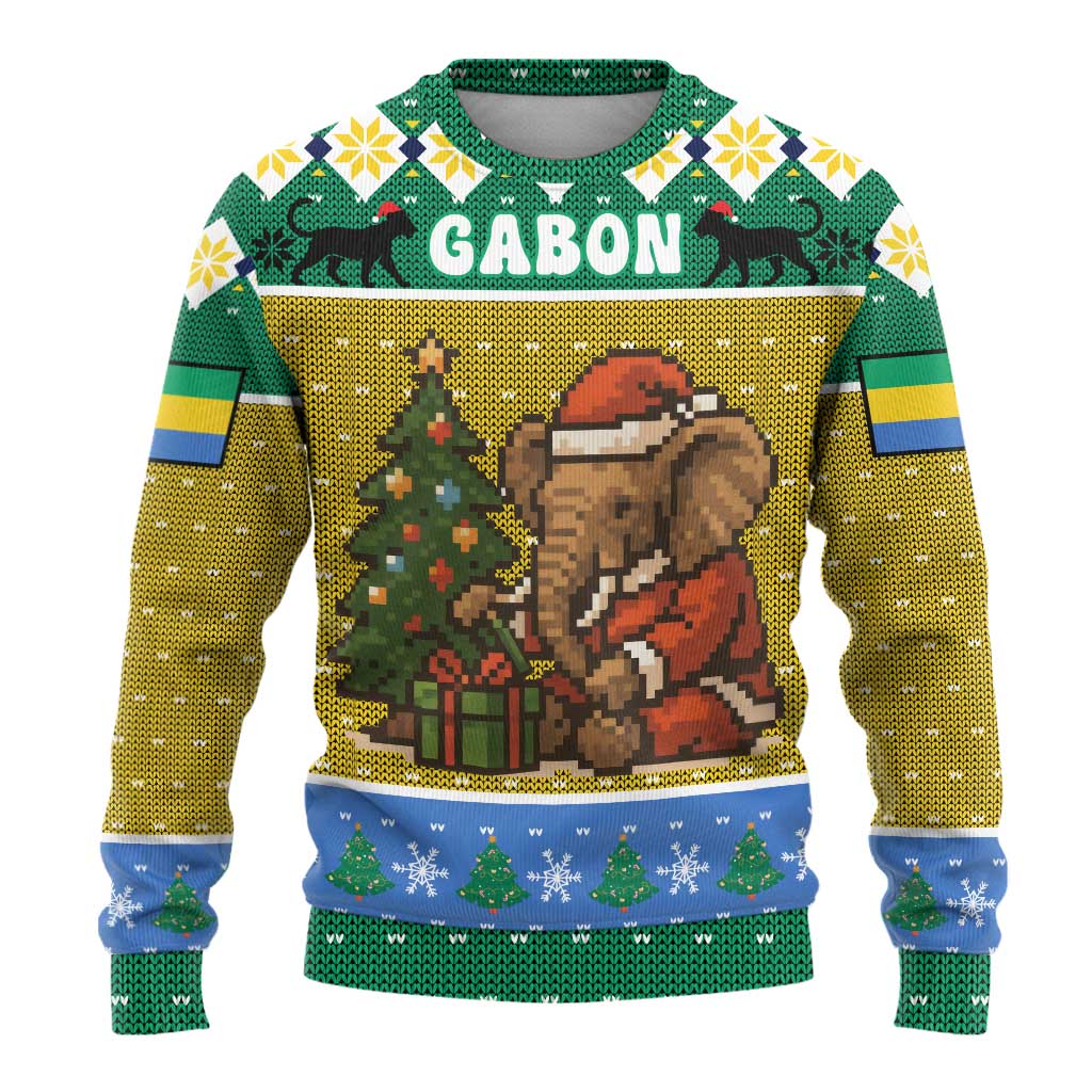 Gabon Christmas Ugly Christmas Sweater Pixel Art Elephant Santa Christmas Tree and Flag - African Pride