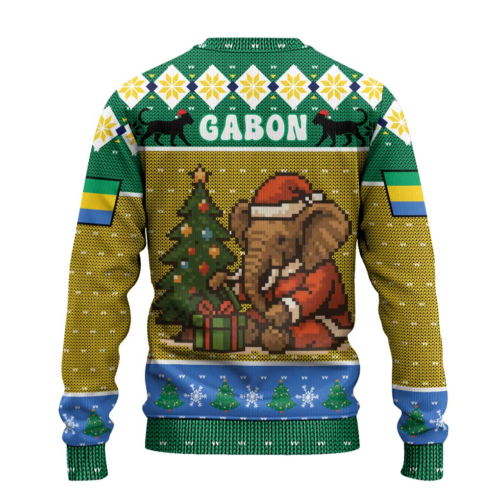Gabon Christmas Ugly Christmas Sweater Pixel Art Elephant Santa Christmas Tree and Flag - African Pride