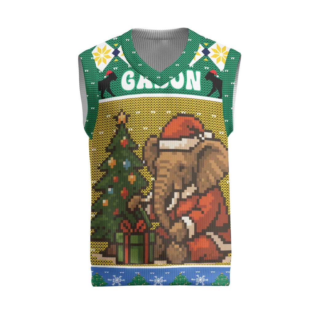 Gabon Christmas Knitted V-Neck Vest Pixel Art Elephant Santa Christmas Tree and Flag - African Pride
