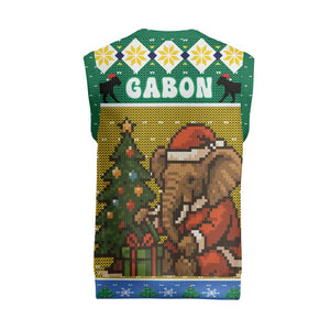 Gabon Christmas Knitted V-Neck Vest Pixel Art Elephant Santa Christmas Tree and Flag - African Pride
