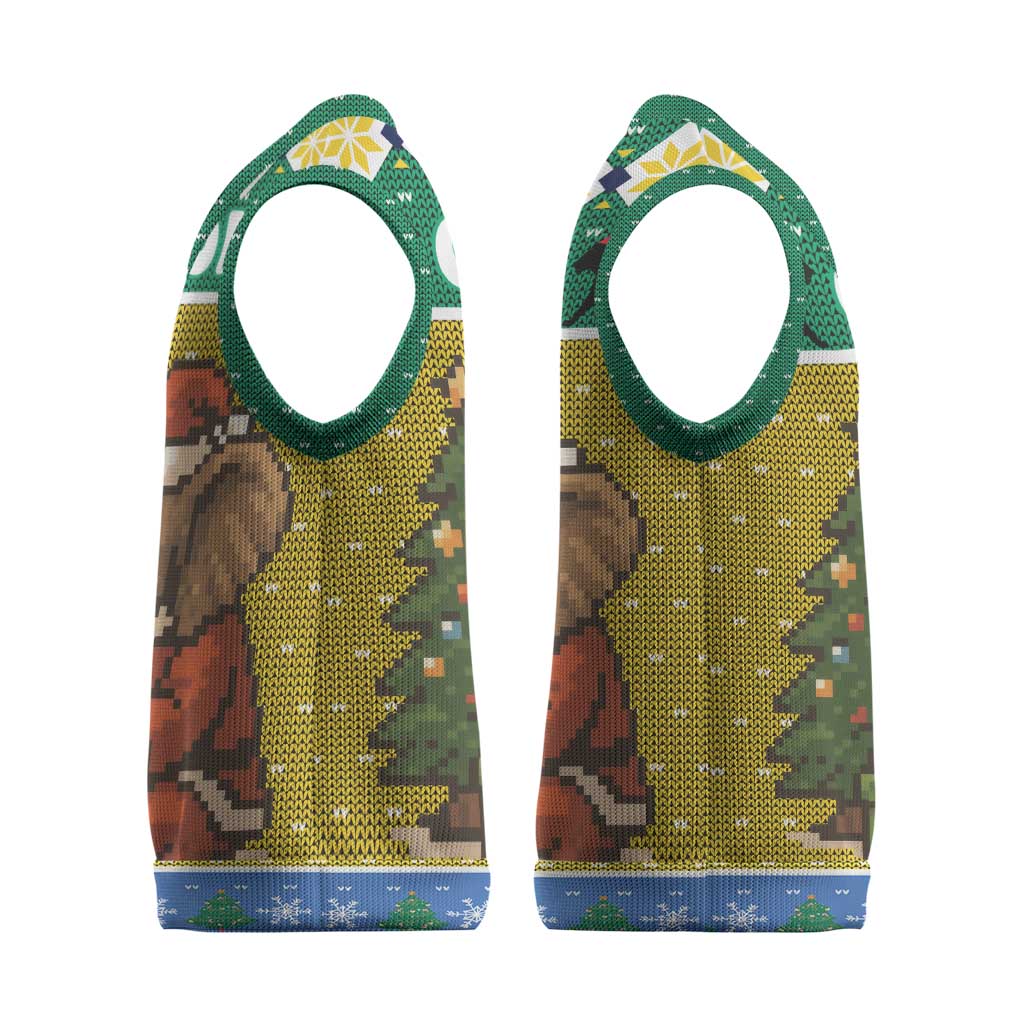 Gabon Christmas Knitted V-Neck Vest Pixel Art Elephant Santa Christmas Tree and Flag - African Pride