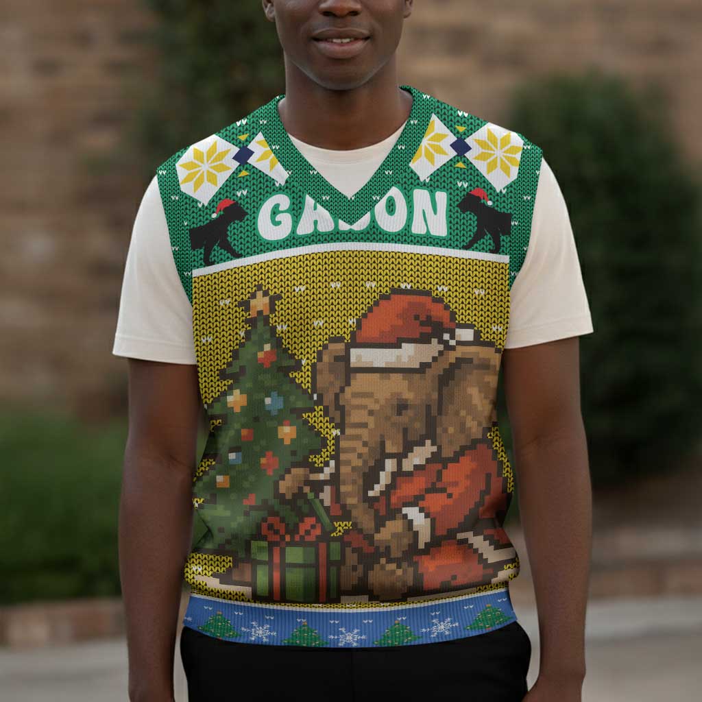 Gabon Christmas Knitted V-Neck Vest Pixel Art Elephant Santa Christmas Tree and Flag - African Pride