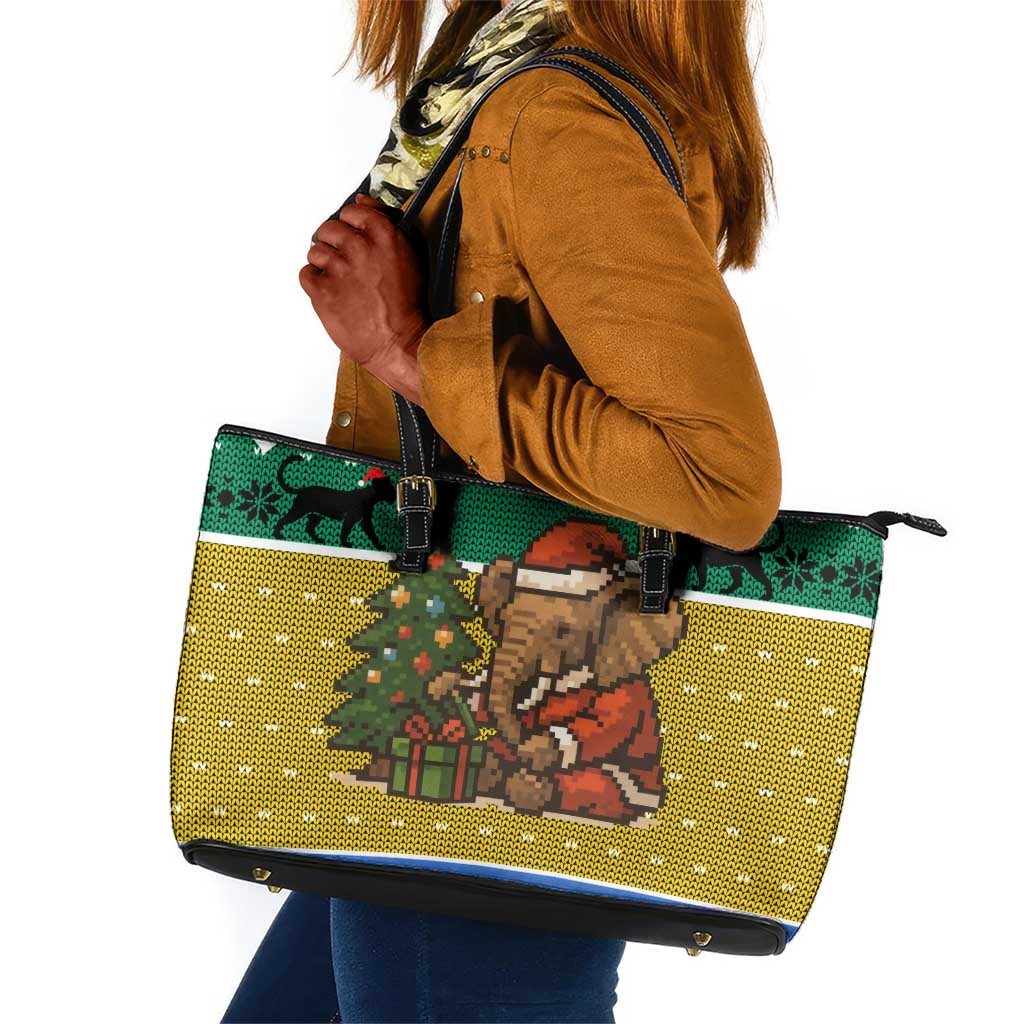 Gabon Christmas Leather Tote Bag Pixel Art Elephant Santa Christmas Tree and Flag - African Pride