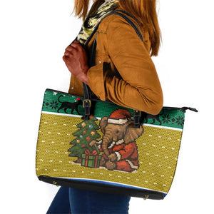 Gabon Christmas Leather Tote Bag Pixel Art Elephant Santa Christmas Tree and Flag - African Pride