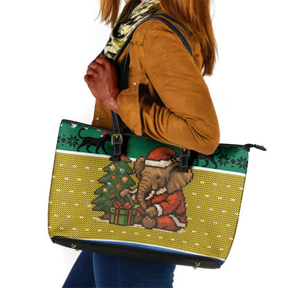 Gabon Christmas Leather Tote Bag Pixel Art Elephant Santa Christmas Tree and Flag - African Pride