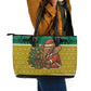 Gabon Christmas Leather Tote Bag Pixel Art Elephant Santa Christmas Tree and Flag - African Pride