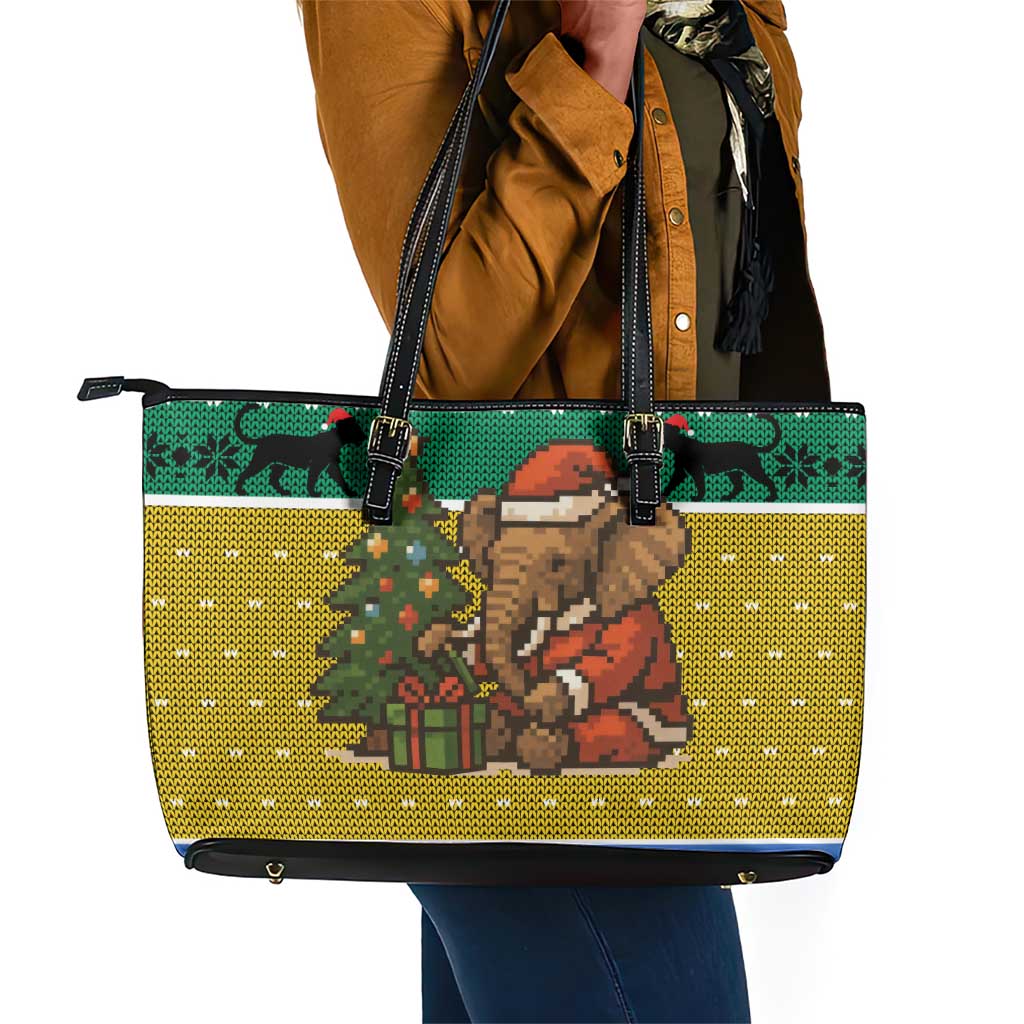 Gabon Christmas Leather Tote Bag Pixel Art Elephant Santa Christmas Tree and Flag - African Pride
