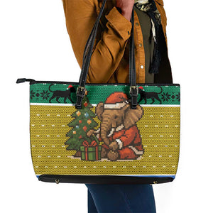 Gabon Christmas Leather Tote Bag Pixel Art Elephant Santa Christmas Tree and Flag - African Pride