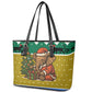 Gabon Christmas Leather Tote Bag Pixel Art Elephant Santa Christmas Tree and Flag - African Pride