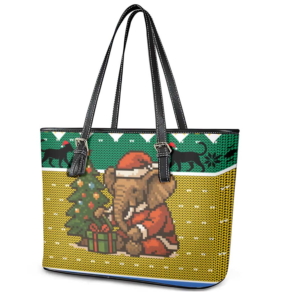 Gabon Christmas Leather Tote Bag Pixel Art Elephant Santa Christmas Tree and Flag - African Pride