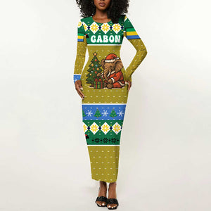 Gabon Christmas Long Sleeve Bodycon Dress Pixel Art Elephant Santa Christmas Tree and Flag - African Pride