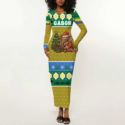 Gabon Christmas Long Sleeve Bodycon Dress Pixel Art Elephant Santa Christmas Tree and Flag - African Pride