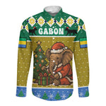 Gabon Christmas Long Sleeve Button Shirt Pixel Art Elephant Santa Christmas Tree and Flag - African Pride