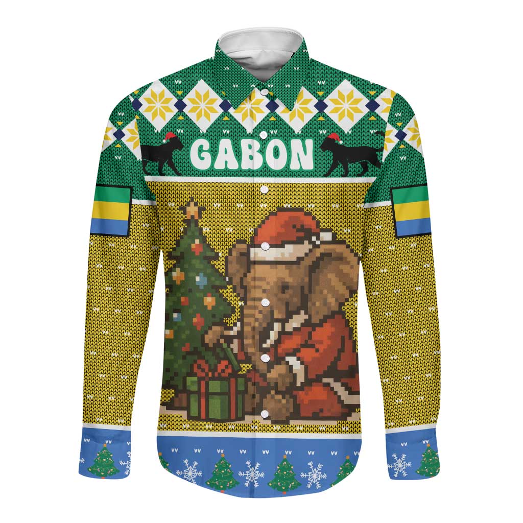 Gabon Christmas Long Sleeve Button Shirt Pixel Art Elephant Santa Christmas Tree and Flag - African Pride