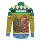 Gabon Christmas Long Sleeve Button Shirt Pixel Art Elephant Santa Christmas Tree and Flag - African Pride