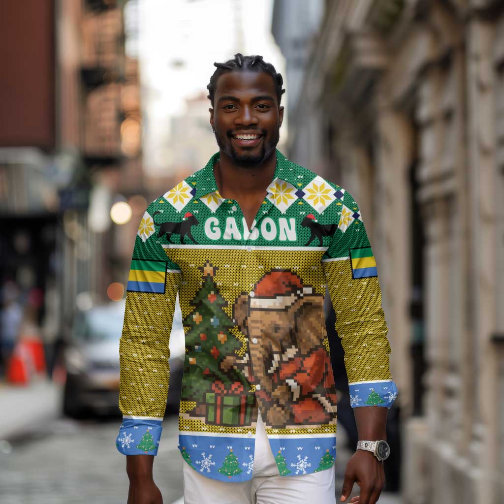 Gabon Christmas Long Sleeve Button Shirt Pixel Art Elephant Santa Christmas Tree and Flag - African Pride