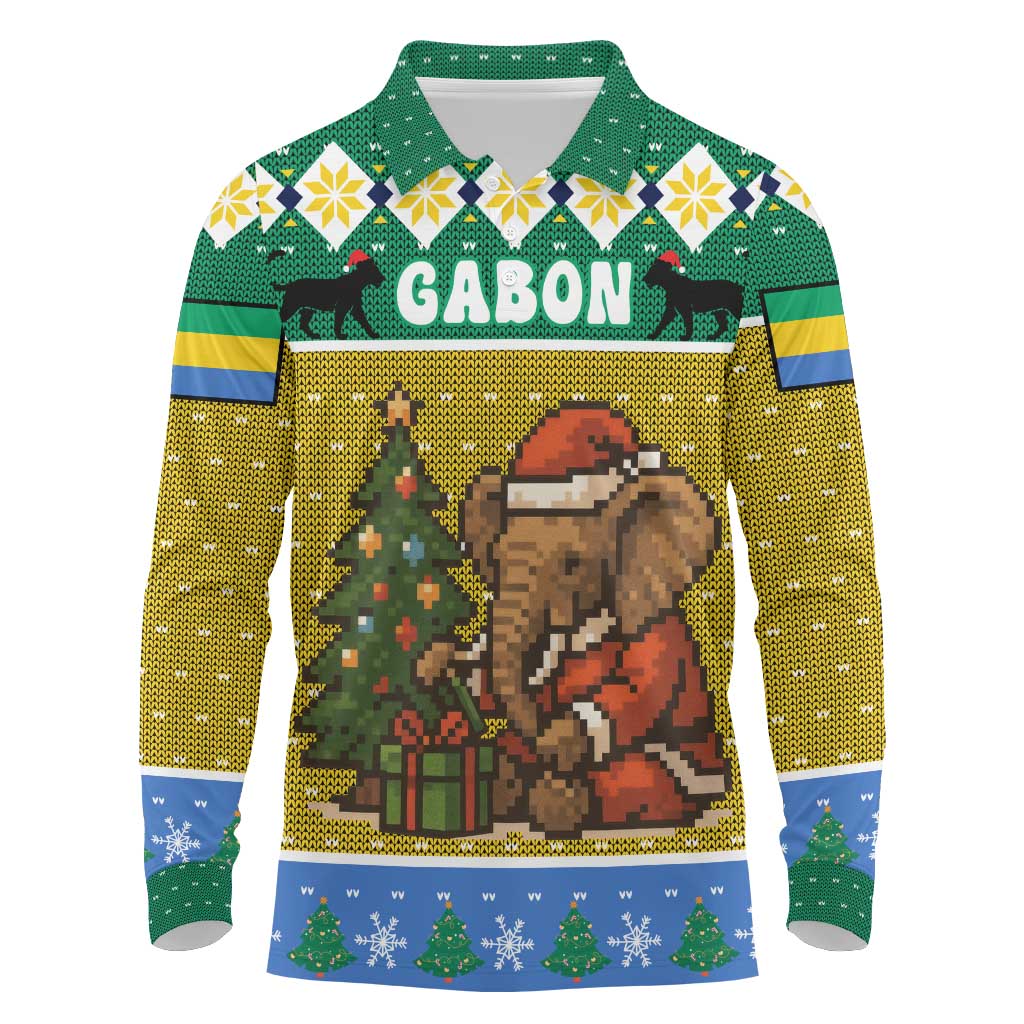 Gabon Christmas Long Sleeve Polo Shirt Pixel Art Elephant Santa Christmas Tree and Flag - African Pride