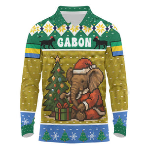 Gabon Christmas Long Sleeve Polo Shirt Pixel Art Elephant Santa Christmas Tree and Flag - African Pride