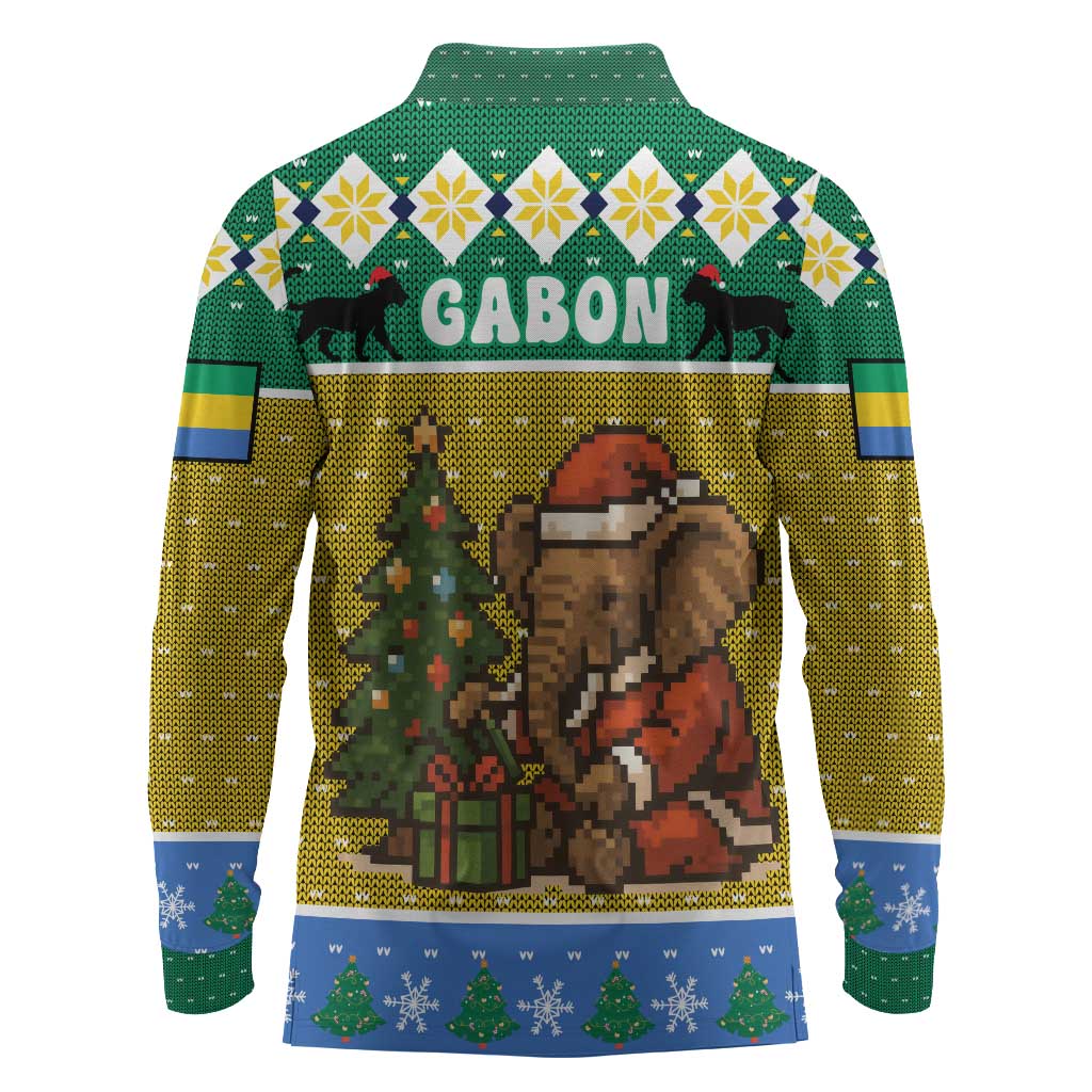 Gabon Christmas Long Sleeve Polo Shirt Pixel Art Elephant Santa Christmas Tree and Flag - African Pride