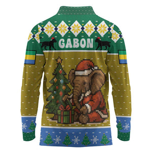 Gabon Christmas Long Sleeve Polo Shirt Pixel Art Elephant Santa Christmas Tree and Flag - African Pride