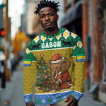 Gabon Christmas Long Sleeve Shirt Pixel Art Elephant Santa Christmas Tree and Flag - African Pride