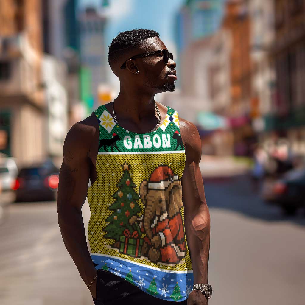 Gabon Christmas Men Tank Top Pixel Art Elephant Santa Christmas Tree and Flag - African Pride