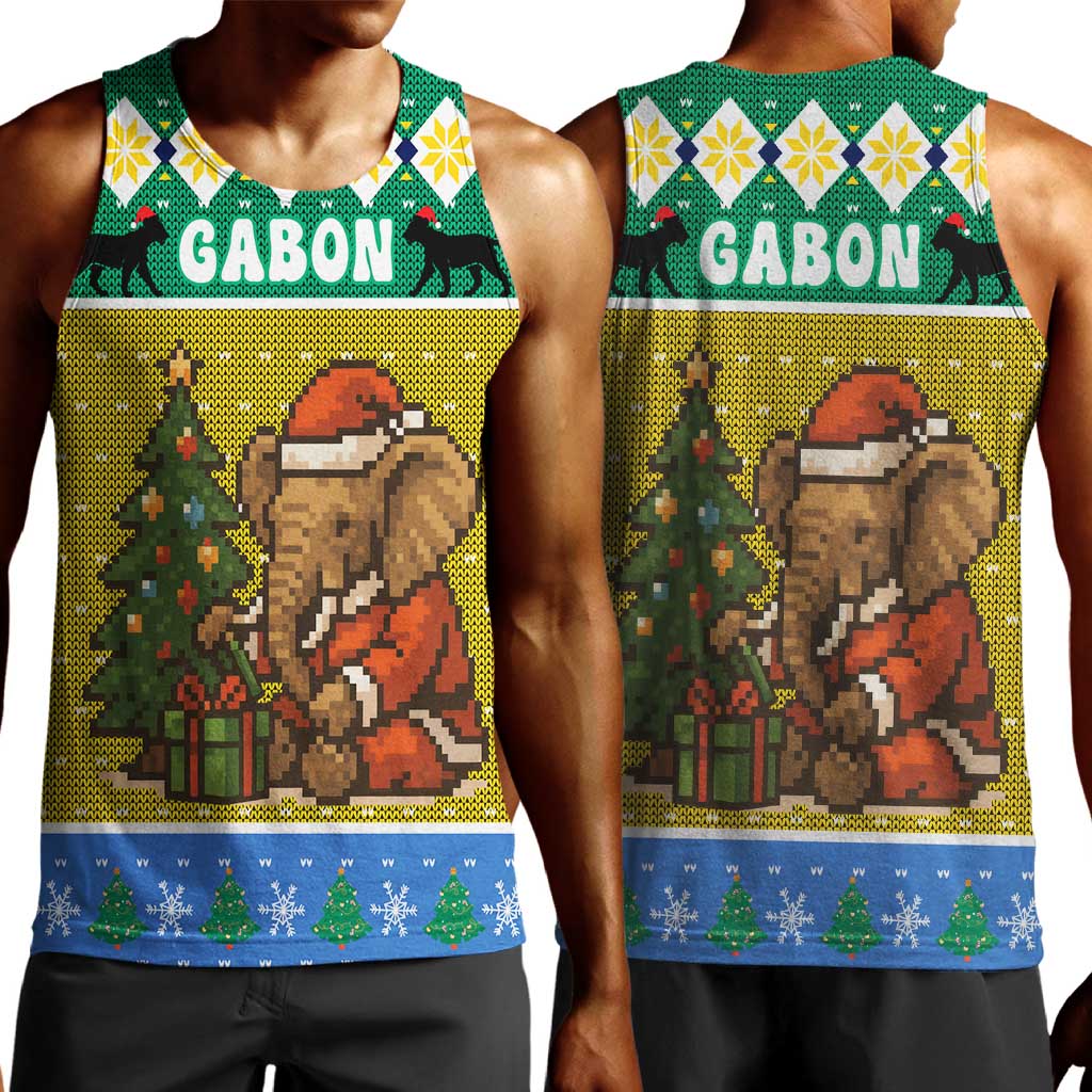 Gabon Christmas Men Tank Top Pixel Art Elephant Santa Christmas Tree and Flag - African Pride
