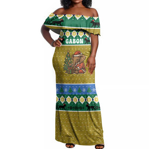Gabon Christmas Off Shoulder Maxi Dress Pixel Art Elephant Santa Christmas Tree and Flag - African Pride