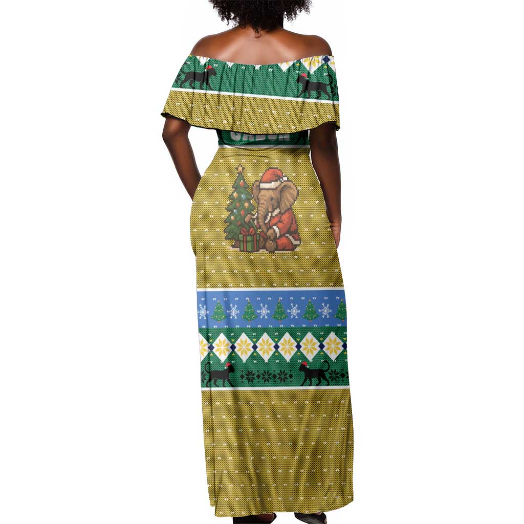 Gabon Christmas Off Shoulder Maxi Dress Pixel Art Elephant Santa Christmas Tree and Flag - African Pride