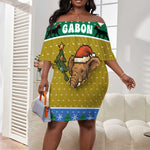Gabon Christmas Off Shoulder Short Dress Pixel Art Elephant Santa Christmas Tree and Flag - African Pride