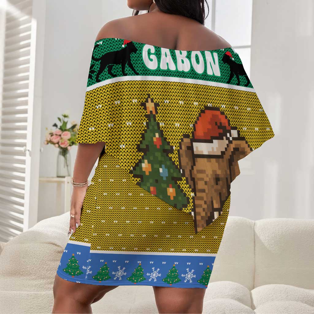 Gabon Christmas Off Shoulder Short Dress Pixel Art Elephant Santa Christmas Tree and Flag - African Pride