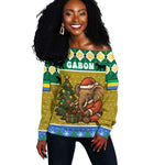 Gabon Christmas Off Shoulder Sweater Pixel Art Elephant Santa Christmas Tree and Flag - African Pride