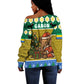 Gabon Christmas Off Shoulder Sweater Pixel Art Elephant Santa Christmas Tree and Flag - African Pride