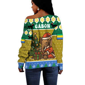 Gabon Christmas Off Shoulder Sweater Pixel Art Elephant Santa Christmas Tree and Flag - African Pride