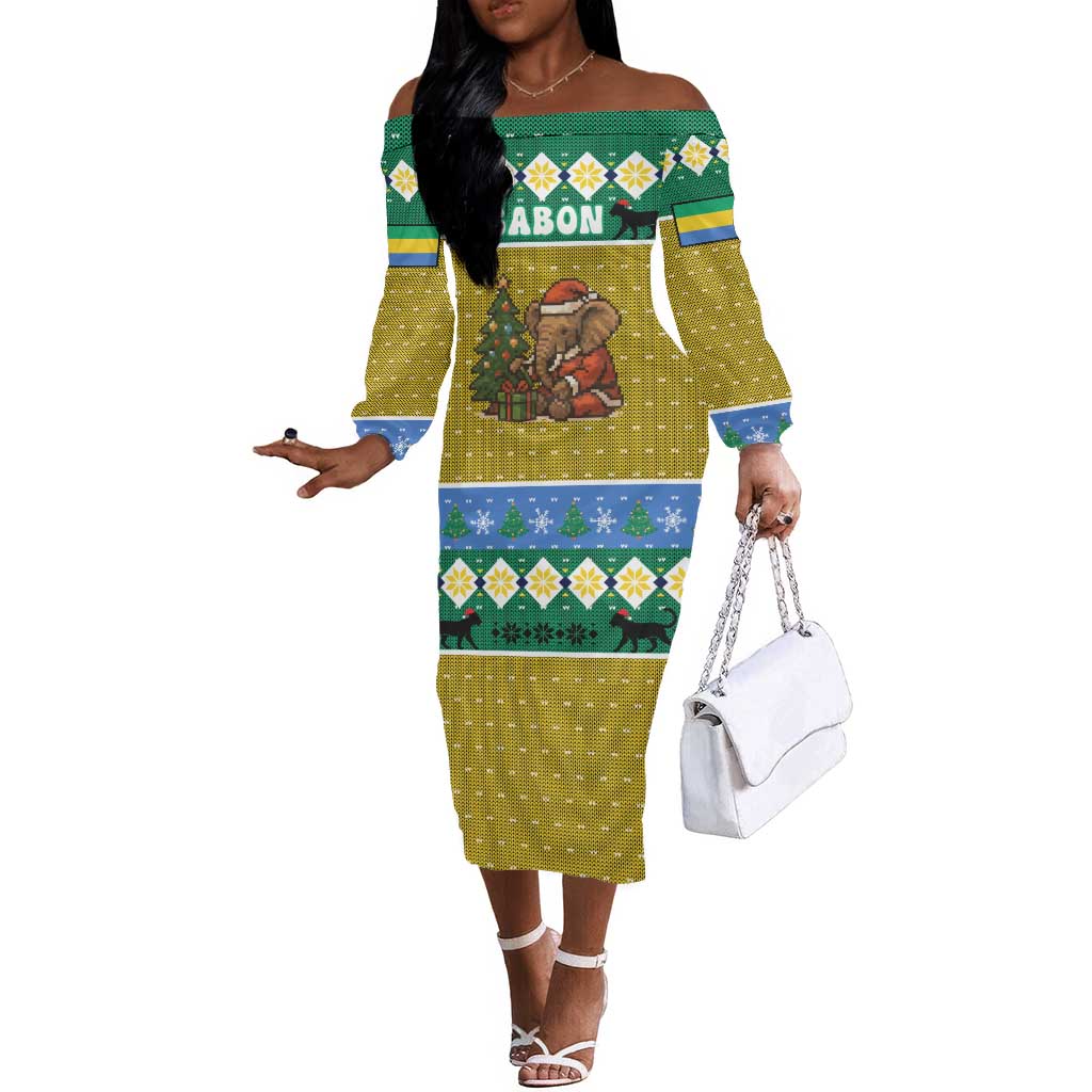 Gabon Christmas Off The Shoulder Long Sleeve Dress Pixel Art Elephant Santa Christmas Tree and Flag - African Pride