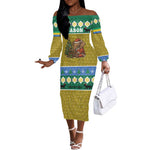 Gabon Christmas Off The Shoulder Long Sleeve Dress Pixel Art Elephant Santa Christmas Tree and Flag - African Pride