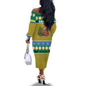Gabon Christmas Off The Shoulder Long Sleeve Dress Pixel Art Elephant Santa Christmas Tree and Flag - African Pride