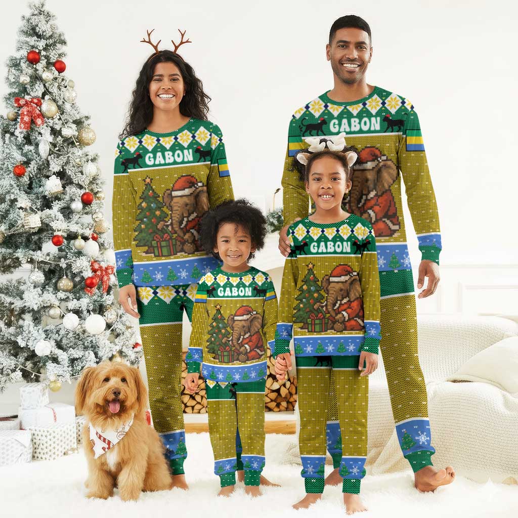 Gabon Christmas Pajama Set Pixel Art Elephant Santa Christmas Tree and Flag - African Pride